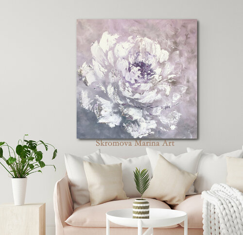 Abstract painting with a huge peony. Textured peony with delicate petals. Marina Skromova