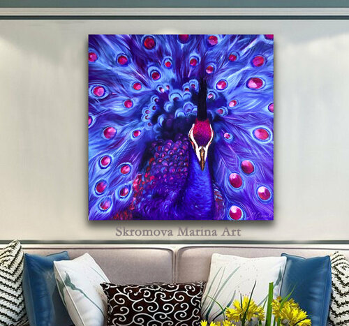 YOUR MAJESTY - Large colorful peacock art. Beautiful peacock blue feathers. Marina Skromova