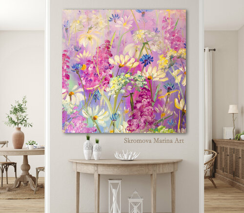 DREAMS OF SUMMER - Sunny flower meadow in hall. Delicate flowers pink colors for bedroom. Marina Skromova