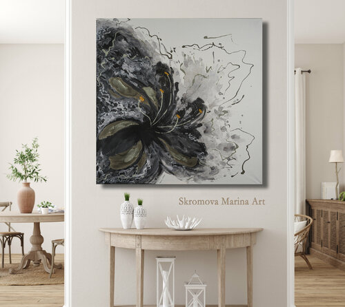 BLACK VEIL - Beautiful dark lily inlaid gold. Textured floral abstraction blurry background. Marina Skromova