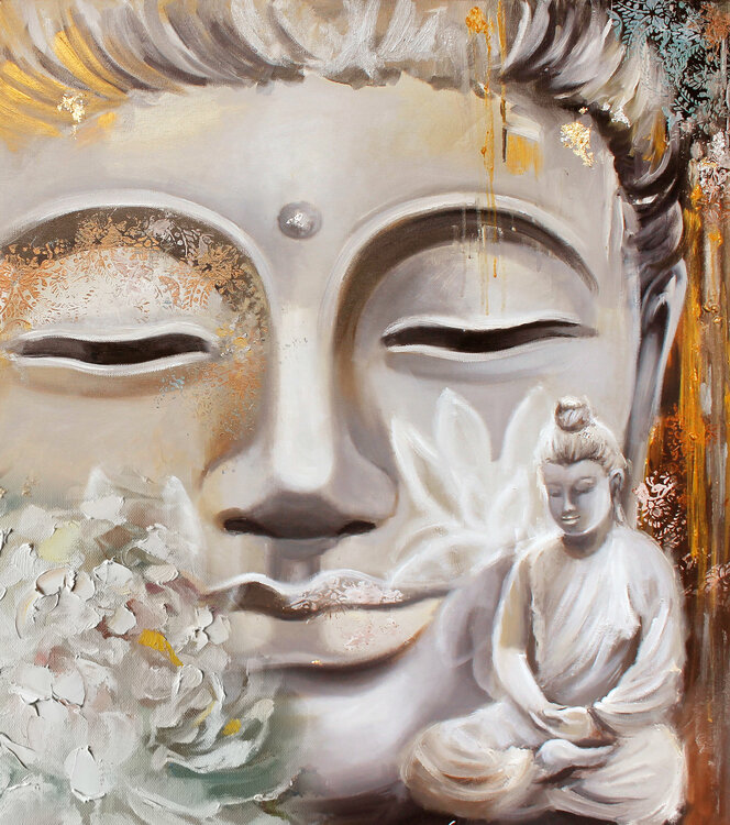 White Buddha. Print on canvas. Gold leaf giclee print. Gold abstraction print. - Annet Loginova