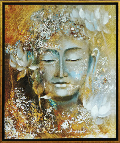 Golden Buddha. Framed print on canvas. Gold leaf giclee print. Feng Shui painting. Annet Loginova