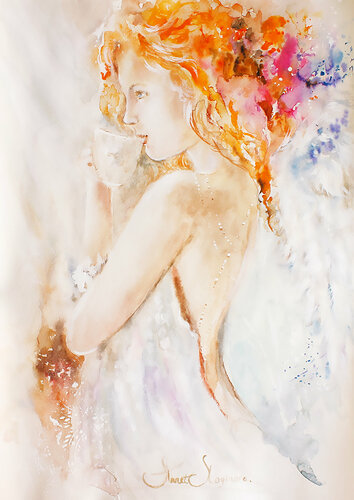 Сurly angel print on canvas. Watercolor print. Bohemian girl giclee print. Annet Loginova