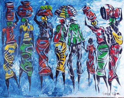 The daily of African village people painting, Afrikanische abstrakte kunst, Afrikanische abstrakte malerei, Moderne afrikanische Kunst Jafeth Moiane
