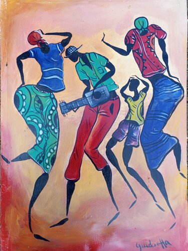 African rural people dancing painting, Zeitgenössische afrikanische Kunst, Abstrakte Acrylmalerei Jafeth Moiane