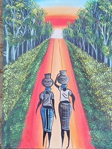 African village women carrying water pots on heads, Acrylic African art, Contemporary African painters Jafeth Moiane