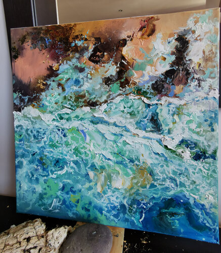 Marine print on canvas. Painting with gilding: Sea foam on the shore. Marine art. Annet Loginova