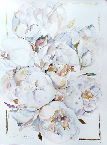 White peonies. Large watercolor flower print on canvas with gilding. Floral art. Annet Loginova