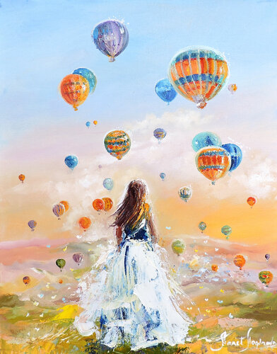 Colorful print on canvas. Based on the original oil painting: "Where dreams are born". Girl and the sky with colorful balloons. Annet Loginova