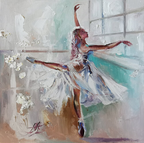 Tenderness of the Dance. Print painting depicting a ballerina preparing for the dance. Oil & gold leaf on canvas. Annet Loginova