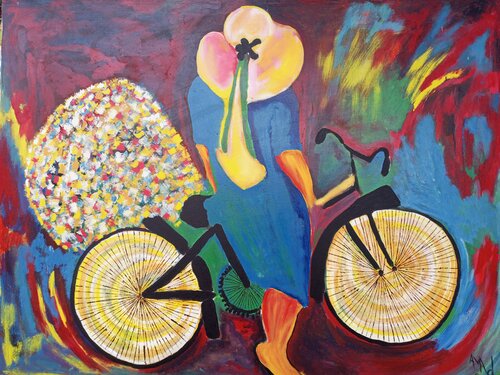 Woman on bicycle painting, Woman abstract art, Woman abstract Painting Jafeth Moiane