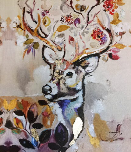 Animals Print set, Deer painting on canvas. Gold leaf giclee print. Diptych painting. Annet Loginova